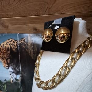Napier Gold-Tone Pearl Link Necklace with Dome Earrings